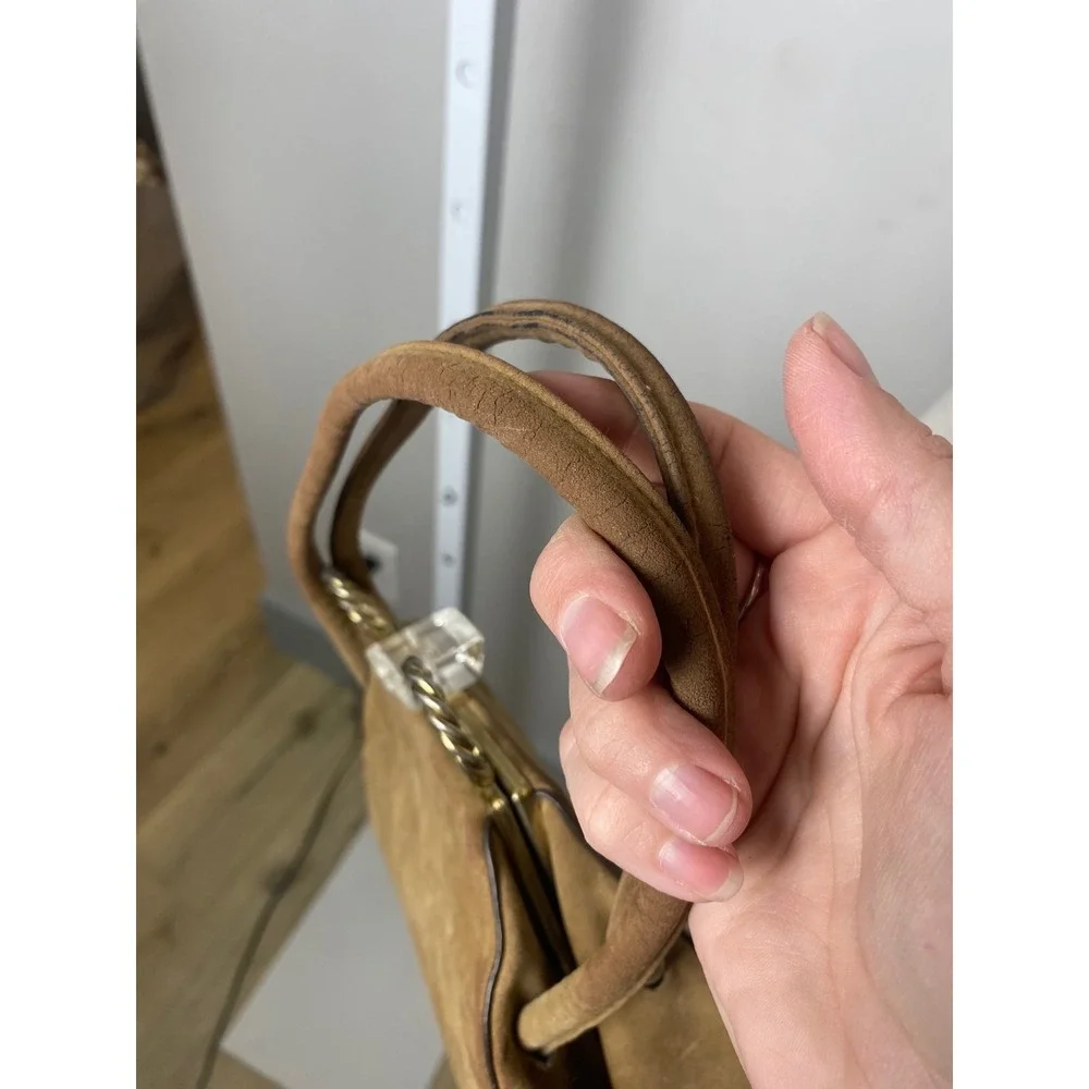 Vintage Tan Suede Handbag Lucite Clasp Gold Ring Handle Bag Brown Mid Century